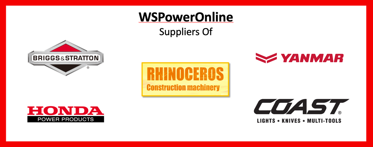 WSPoweronline home page suppliers of graphic, containing Rhinoceros Construction Logo, Briggs & Stratton, Yanmar, Coast, Honda Power Equipment