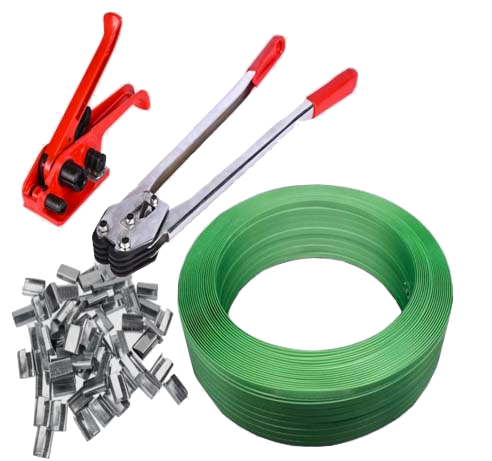 Box Strapping Kit, Including Banding Crimps, Crimping tool, Tensioning tool and one reel of strapping.