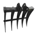 Mini Digger Rake, made from high quality steel and mounted with 25mm pins. 500mm Wide x 450mm Long Pin size diameter 25 mm Pin centers 86 mm Dipper gap 90 mm