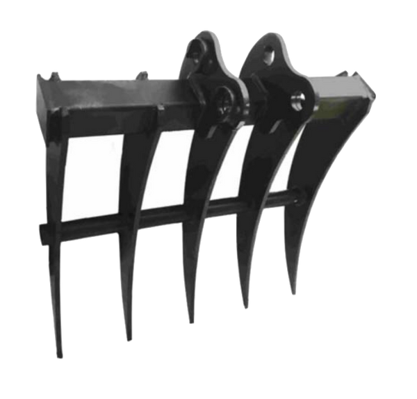 Mini Digger Rake, made from high quality steel and mounted with 25mm pins. 500mm Wide x 450mm Long Pin size diameter 25 mm Pin centers 86 mm Dipper gap 90 mm