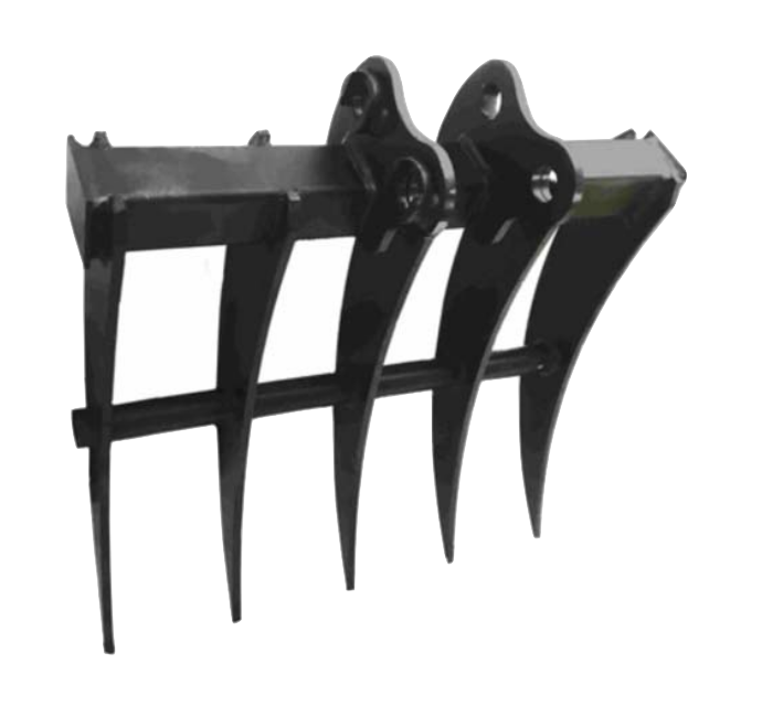 Mini Digger Rake, made from high quality steel and mounted with 25mm pins. 500mm Wide x 450mm Long Pin size diameter 25 mm Pin centers 86 mm Dipper gap 90 mm